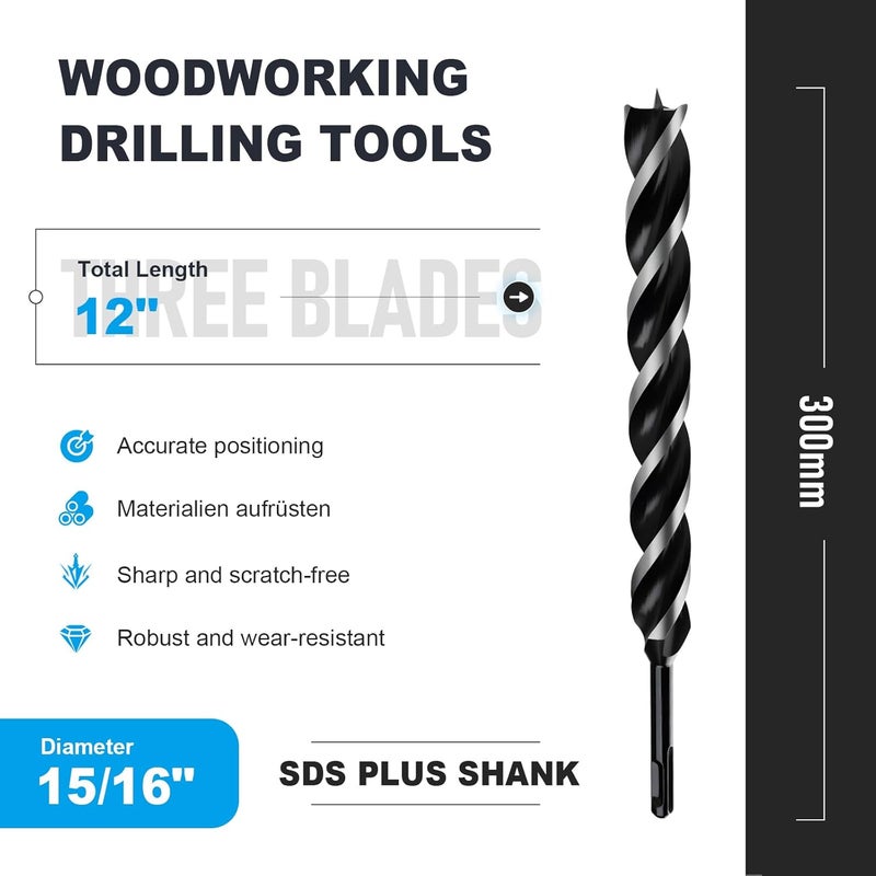 WOBLLMX 15/16" x 12" Auger Drill Bit with SDS Plus Shank for Wood,Tri Flute Ship Auger Long Drill Bit for Soft and Hard Wood,Tree Stump,Plastic,Drywall and Composite Materials - Image 2